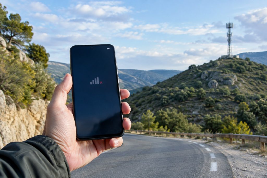 Persona sostiene un móvil en una zona rural mientras busca cobertura para llamar al 112; una antena de telefonía aparece al fondo.